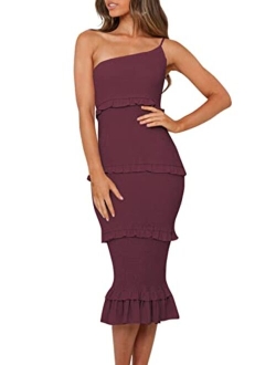 Women's Summer Midi Bodycon Dresses One Shoulder Strappy Tiered Ruffle Floral Boho Sun Dress