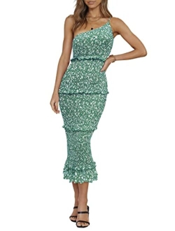 Women's Summer Midi Bodycon Dresses One Shoulder Strappy Tiered Ruffle Floral Boho Sun Dress