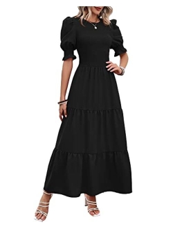 BTFBM Women Casual Summer Dresses 2023 Spring Crew Neck Ruffle Short Sleeve Floral Leopard Smocked Boho Flowy Maxi Dress