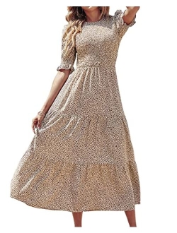 BTFBM Women Casual Summer Dresses 2023 Spring Crew Neck Ruffle Short Sleeve Floral Leopard Smocked Boho Flowy Maxi Dress