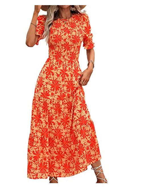 BTFBM Women Casual Summer Dresses 2023 Spring Crew Neck Ruffle Short Sleeve Floral Leopard Smocked Boho Flowy Maxi Dress