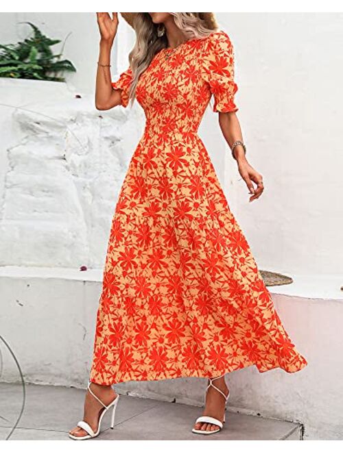 BTFBM Women Casual Summer Dresses 2023 Spring Crew Neck Ruffle Short Sleeve Floral Leopard Smocked Boho Flowy Maxi Dress