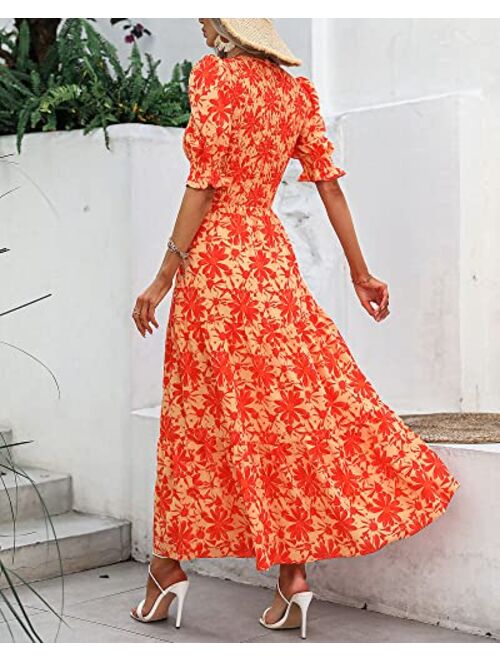 BTFBM Women Casual Summer Dresses 2023 Spring Crew Neck Ruffle Short Sleeve Floral Leopard Smocked Boho Flowy Maxi Dress