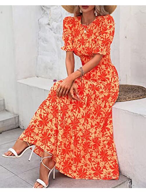 BTFBM Women Casual Summer Dresses 2023 Spring Crew Neck Ruffle Short Sleeve Floral Leopard Smocked Boho Flowy Maxi Dress