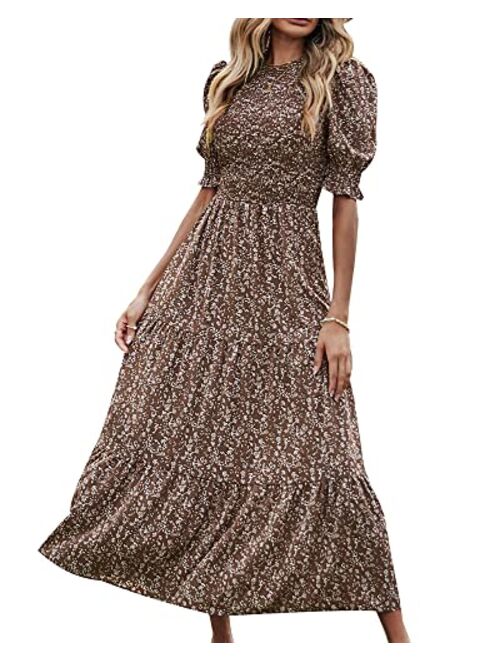 BTFBM Women Casual Summer Dresses 2023 Spring Crew Neck Ruffle Short Sleeve Floral Leopard Smocked Boho Flowy Maxi Dress