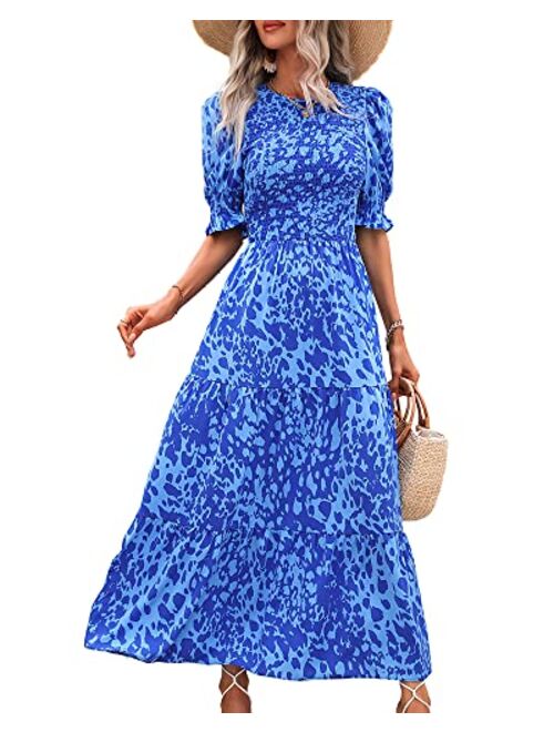 BTFBM Women Casual Summer Dresses 2023 Spring Crew Neck Ruffle Short Sleeve Floral Leopard Smocked Boho Flowy Maxi Dress