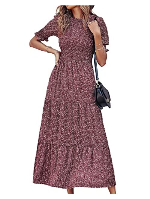 BTFBM Women Casual Summer Dresses 2023 Spring Crew Neck Ruffle Short Sleeve Floral Leopard Smocked Boho Flowy Maxi Dress