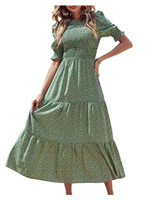 BTFBM Women Casual Summer Dresses 2023 Spring Crew Neck Ruffle Short Sleeve Floral Leopard Smocked Boho Flowy Maxi Dress