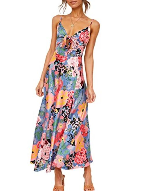 Fashionme Women Spaghetti Strap Midi Satin Dresses Tie Front Backless Split Hollow Dress