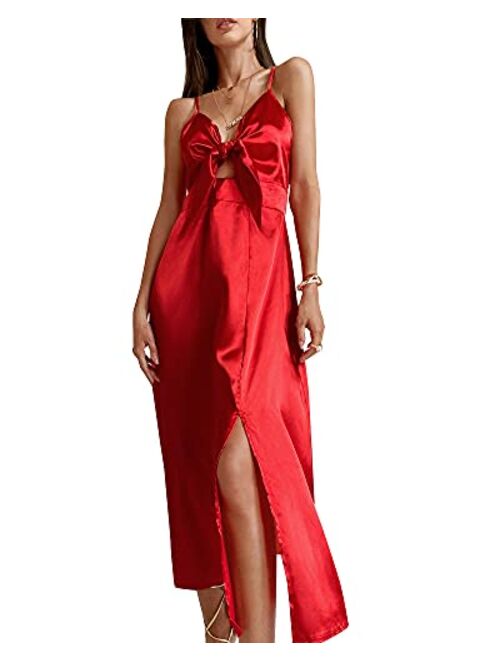 Fashionme Women Spaghetti Strap Midi Satin Dresses Tie Front Backless Split Hollow Dress