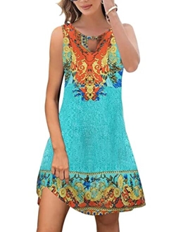 ETCYY Summer Dresses for Women 2023 Trendy Boho Floral Print Cover Up Crew Neck Sleeveless SundresseswithPockets