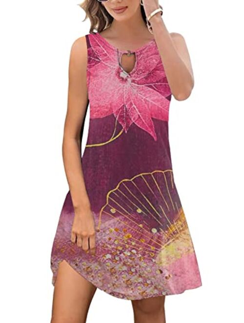 ETCYY Summer Dresses for Women 2023 Trendy Boho Floral Print Cover Up Crew Neck Sleeveless SundresseswithPockets