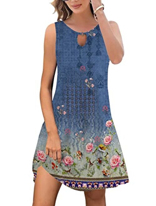 ETCYY Summer Dresses for Women 2023 Trendy Boho Floral Print Cover Up Crew Neck Sleeveless SundresseswithPockets