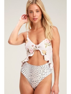 Power 2 the Flower Carly Pink Floral and Brown Glitter Cutout One-Piece Swimsuit