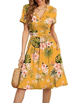 WEACZZY Women's Summer Short Sleeve Casual Dresses V-Neck Floral Party Dress with Pockets