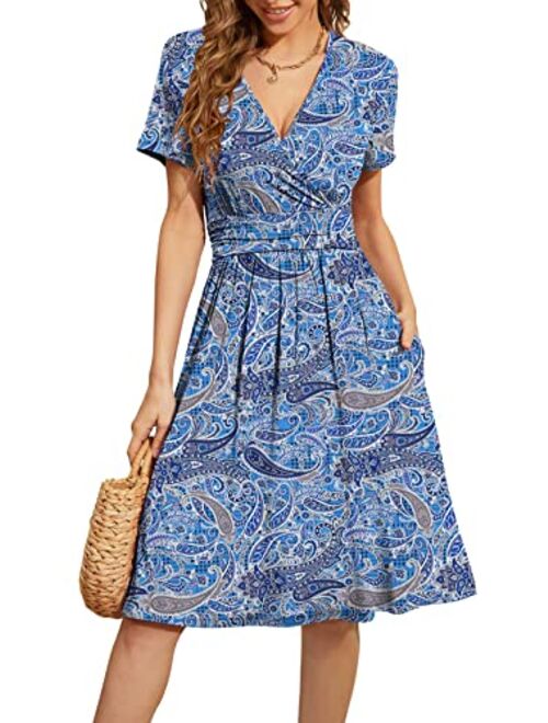 WEACZZY Women's Summer Short Sleeve Casual Dresses V-Neck Floral Party Dress with Pockets