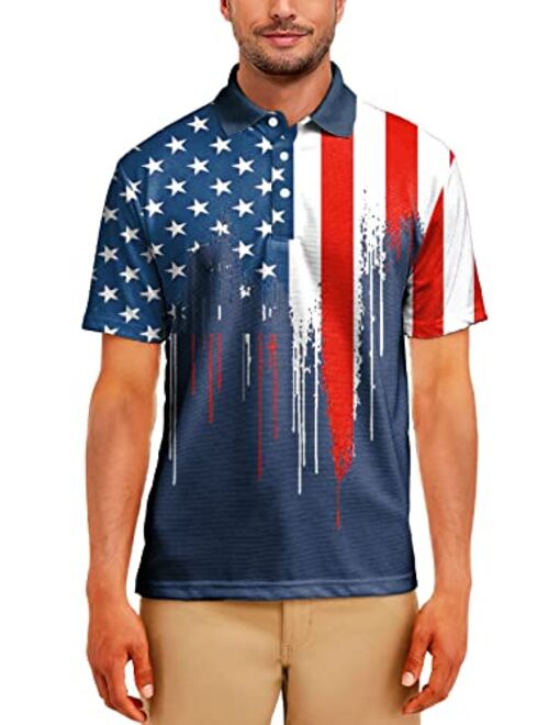 AOBUTE Mens Patriotic Polo Shirts July 4th American Flag Golf Activewear Tops