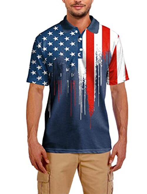 AOBUTE Mens Patriotic Polo Shirts July 4th American Flag Golf Activewear Tops