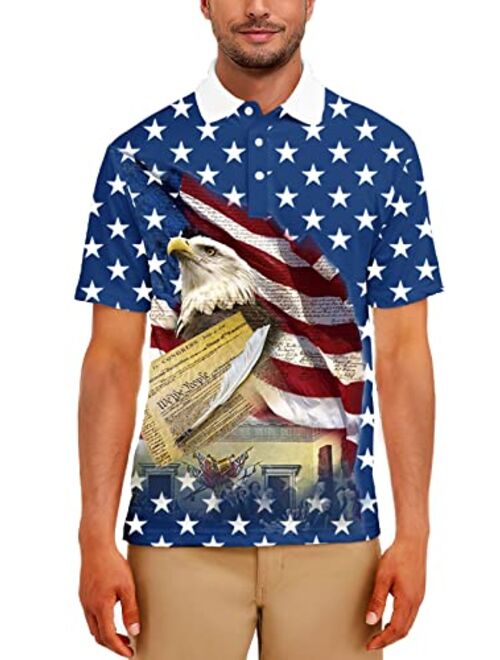 AOBUTE Mens Patriotic Polo Shirts July 4th American Flag Golf Activewear Tops