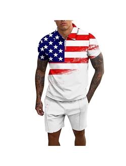 Fxbar Men's Patriotic Zipper Collar T-Shirts Outfits Breathable Sweat-Absorbing American Flag Short Sleeve Shirts Set