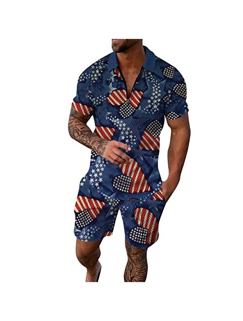 Fxbar Men's Patriotic Zipper Collar T-Shirts Outfits Breathable Sweat-Absorbing American Flag Short Sleeve Shirts Set