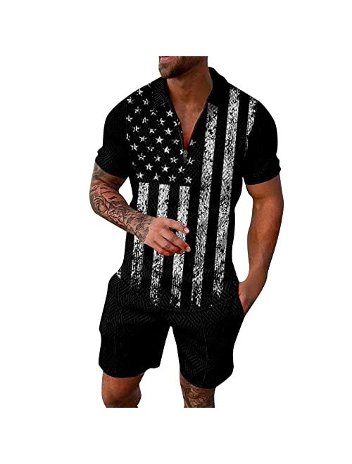 Fxbar Men's Patriotic Zipper Collar T-Shirts Outfits Breathable Sweat-Absorbing American Flag Short Sleeve Shirts Set