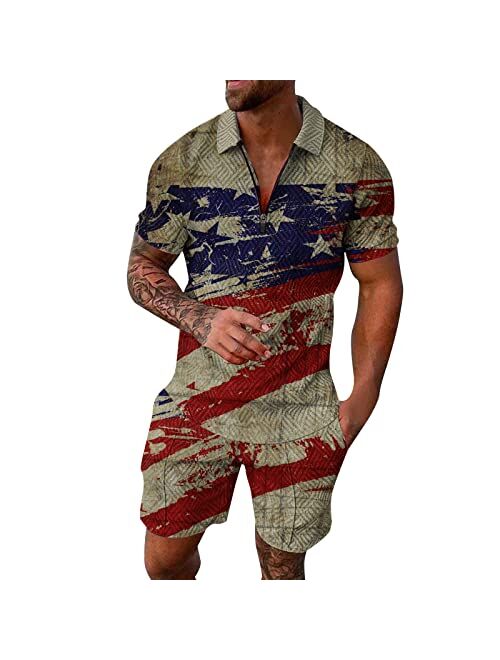 Fxbar Men's Patriotic Zipper Collar T-Shirts Outfits Breathable Sweat-Absorbing American Flag Short Sleeve Shirts Set