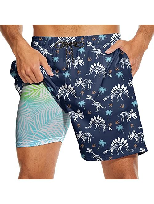 CHILLTEK Men's 2 in 1 Running Shorts Quick Dry Printed Athletic Shorts with Compression Liner and Side Pockets