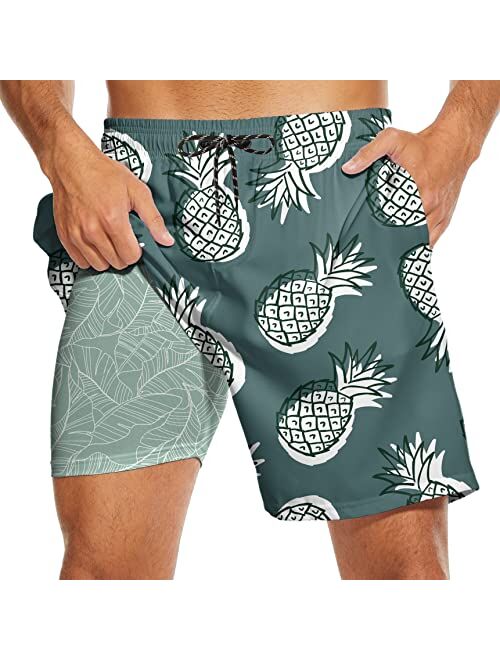 CHILLTEK Men's 2 in 1 Running Shorts Quick Dry Printed Athletic Shorts with Compression Liner and Side Pockets