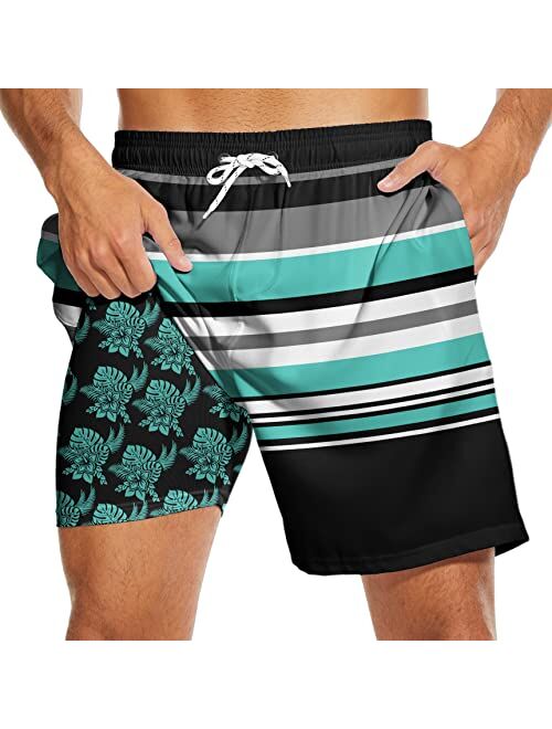 CHILLTEK Men's 2 in 1 Running Shorts Quick Dry Printed Athletic Shorts with Compression Liner and Side Pockets