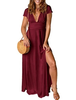 Women's Deep V Neck Short Sleeve Long Dresses Pleated High Waist Slit Club Party Evening Maxi Dress