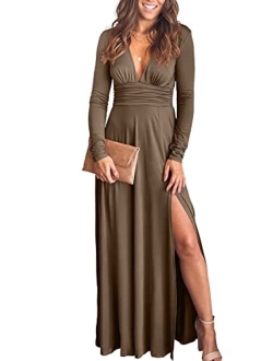 Women's Deep V Neck Short Sleeve Long Dresses Pleated High Waist Slit Club Party Evening Maxi Dress