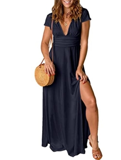 Women's Deep V Neck Short Sleeve Long Dresses Pleated High Waist Slit Club Party Evening Maxi Dress