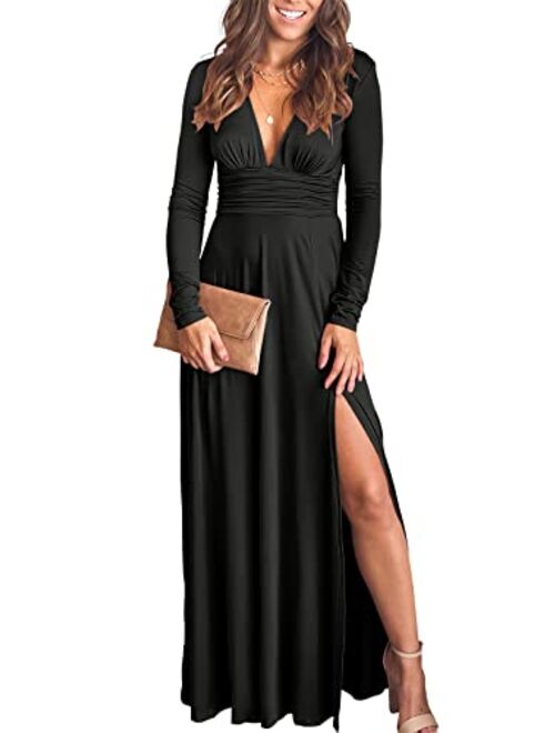 ANRABESS Women's Deep V Neck Short Sleeve Long Dresses Pleated High Waist Slit Club Party Evening Maxi Dress