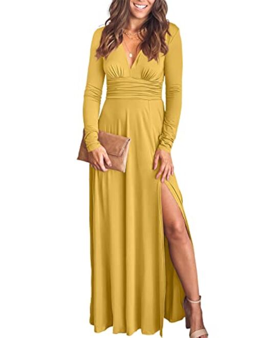 ANRABESS Women's Deep V Neck Short Sleeve Long Dresses Pleated High Waist Slit Club Party Evening Maxi Dress