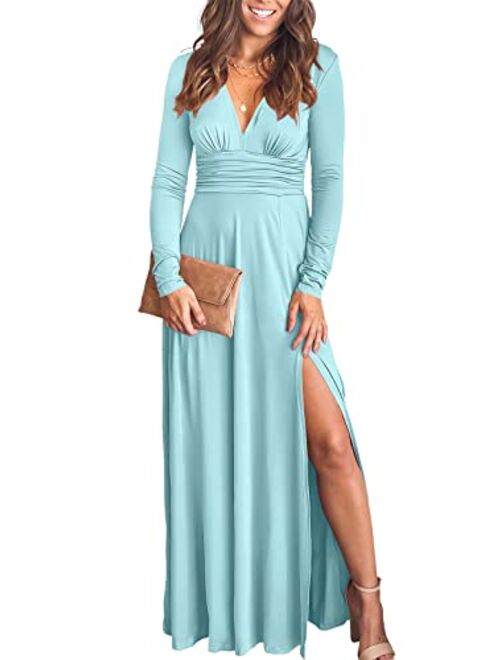 ANRABESS Women's Deep V Neck Short Sleeve Long Dresses Pleated High Waist Slit Club Party Evening Maxi Dress