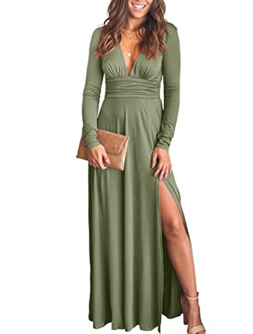 ANRABESS Women's Deep V Neck Short Sleeve Long Dresses Pleated High Waist Slit Club Party Evening Maxi Dress