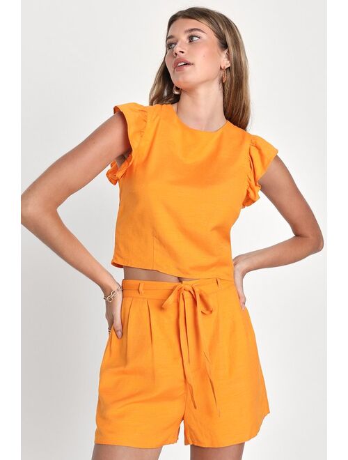 Lulus Cheers to Sunshine Orange Linen Paperbag Waist Shorts