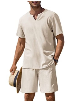 Men's 2 Pieces Cotton Linen Set Short Sleeve Henley Shirts Casual Beach Shorts Summer Yoga Outfits