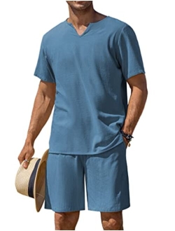 Men's 2 Pieces Cotton Linen Set Short Sleeve Henley Shirts Casual Beach Shorts Summer Yoga Outfits