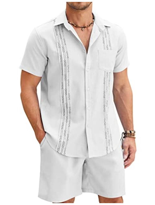 COOFANDY Men Linen Sets Outfits 2 Piece Short Sleeve Cuban Shirts Guayabera Linen Suit