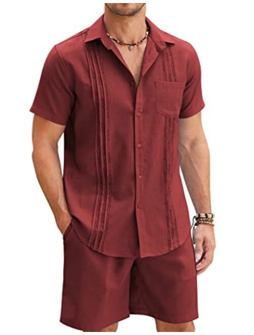 COOFANDY Men Linen Sets Outfits 2 Piece Short Sleeve Cuban Shirts Guayabera Linen Suit