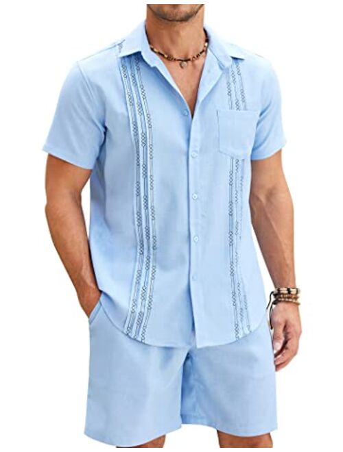 COOFANDY Men Linen Sets Outfits 2 Piece Short Sleeve Cuban Shirts Guayabera Linen Suit