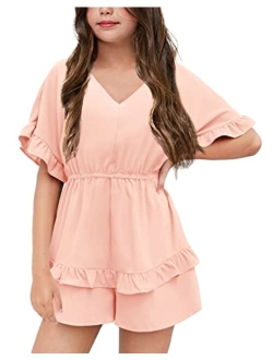 Girl's Summer Short Solid Romper Flutter Sleeve Ruffle Layered Back Zipper Elastic Waisted Shorts Jumpsuit