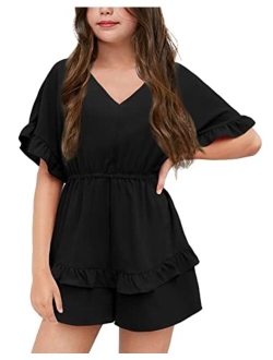 Girl's Summer Short Solid Romper Flutter Sleeve Ruffle Layered Back Zipper Elastic Waisted Shorts Jumpsuit