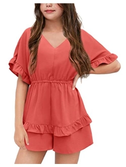 Girl's Summer Short Solid Romper Flutter Sleeve Ruffle Layered Back Zipper Elastic Waisted Shorts Jumpsuit