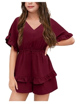 Girl's Summer Short Solid Romper Flutter Sleeve Ruffle Layered Back Zipper Elastic Waisted Shorts Jumpsuit