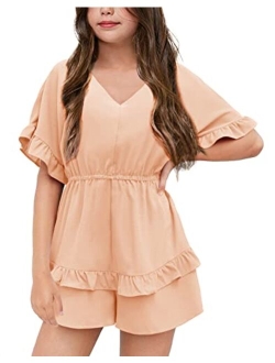 Girl's Summer Short Solid Romper Flutter Sleeve Ruffle Layered Back Zipper Elastic Waisted Shorts Jumpsuit