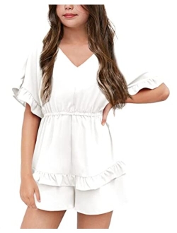 Girl's Summer Short Solid Romper Flutter Sleeve Ruffle Layered Back Zipper Elastic Waisted Shorts Jumpsuit