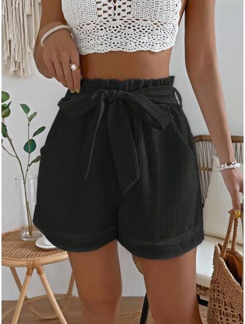 SHEIN VCAY Paperbag Waist Belted Eyelet Detail Shorts